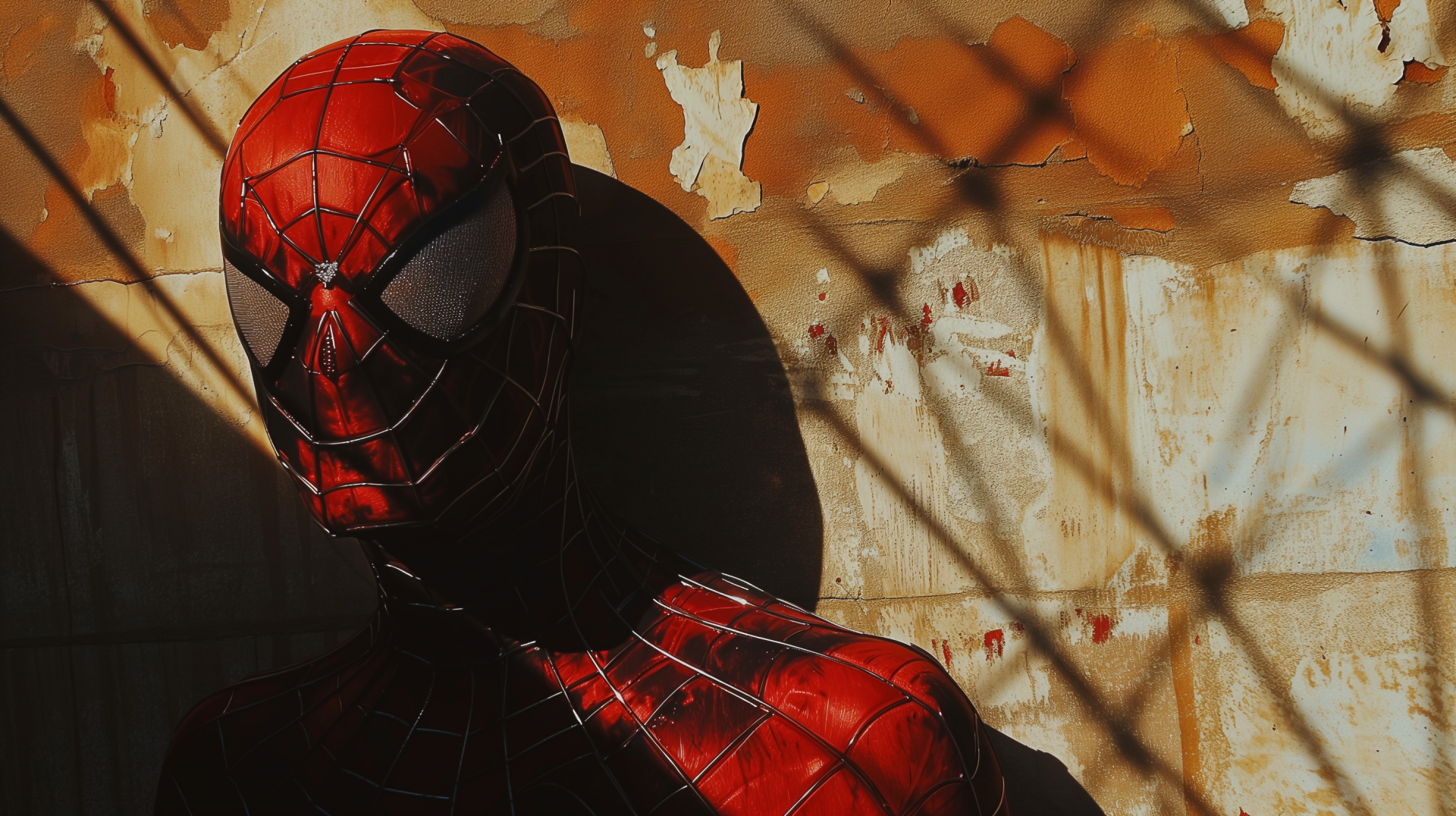 HD desktop wallpaper featuring Spider-Man in shadow against a textured wall background.