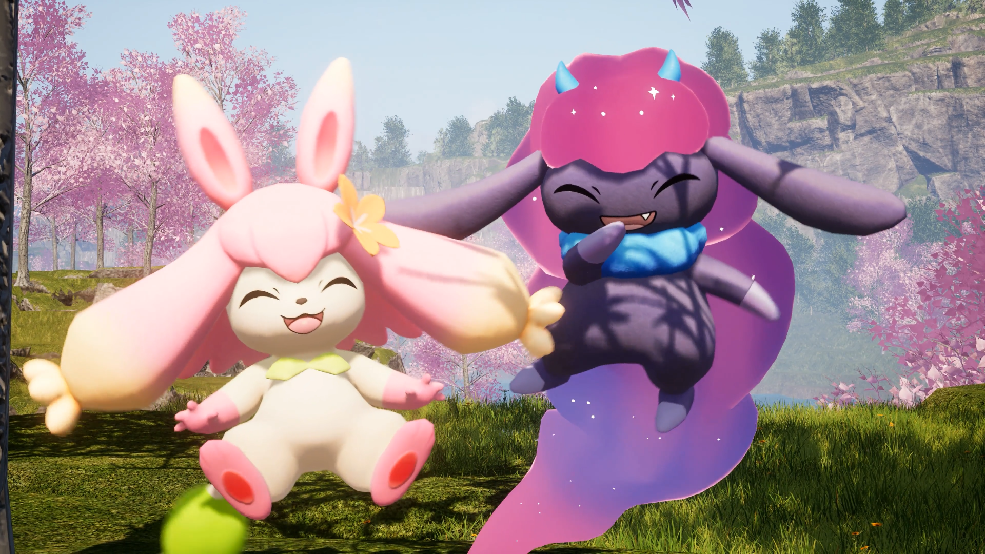 HD desktop wallpaper featuring two cute creatures from the video game Palworld, set against a peaceful backdrop with cherry blossoms.