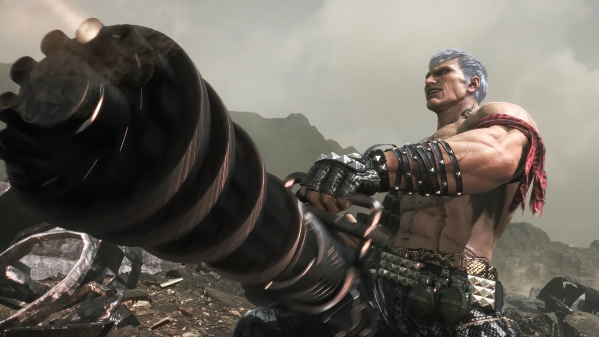 HD wallpaper featuring Bryan Fury from Tekken 8, showcasing his muscular physique and powerful weapon amidst a dramatic, rugged landscape.