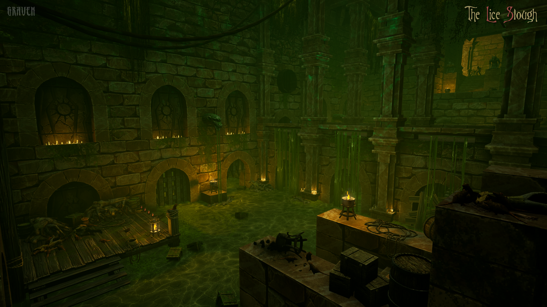HD wallpaper of a mystical Graven video game scene featuring atmospheric green lighting in an ancient stone chamber with medieval architecture.