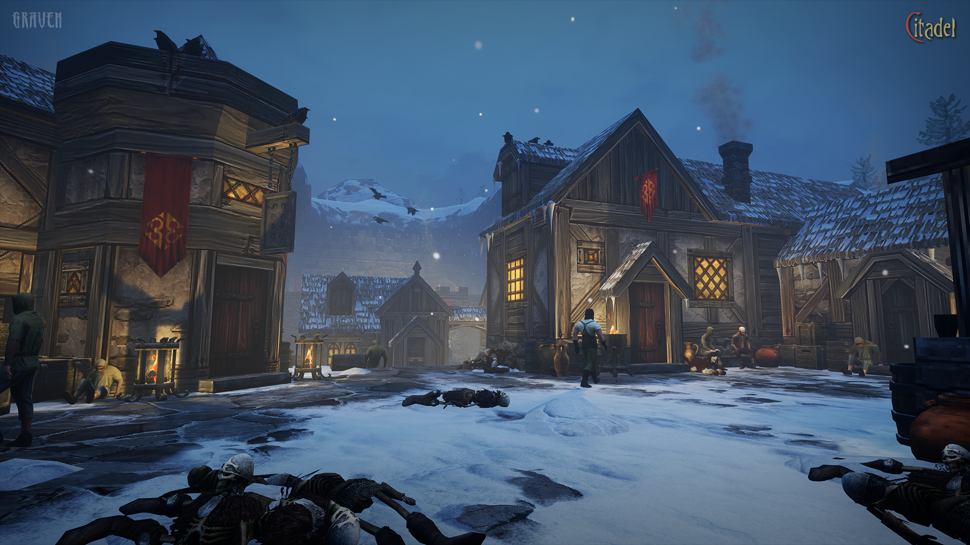 HD wallpaper of Graven video game scenery featuring a snowy medieval village at night with atmospheric lighting and snowfall.