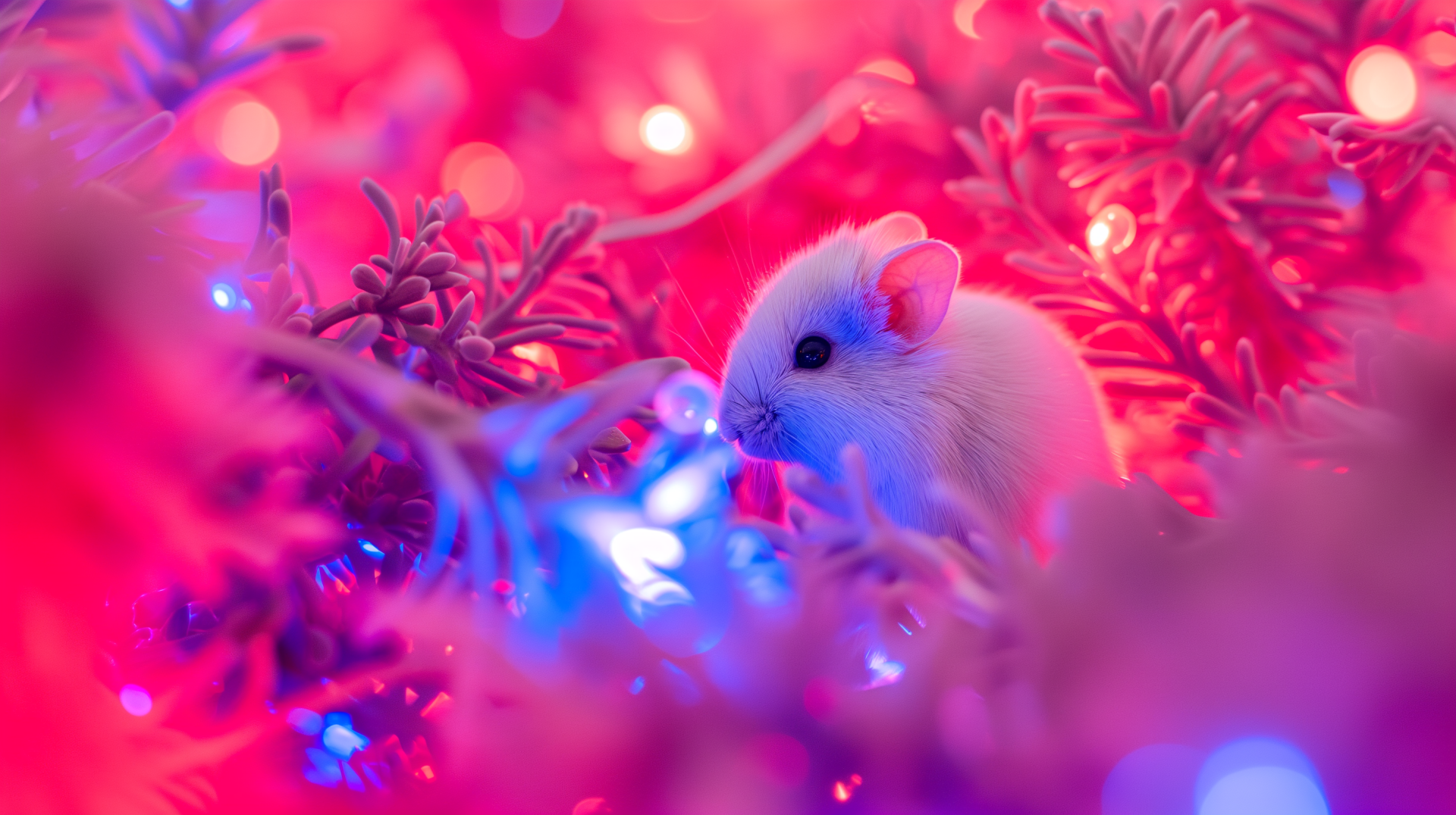 Cute mouse peeking through colorful foliage with twinkling lights, HD desktop wallpaper and background.