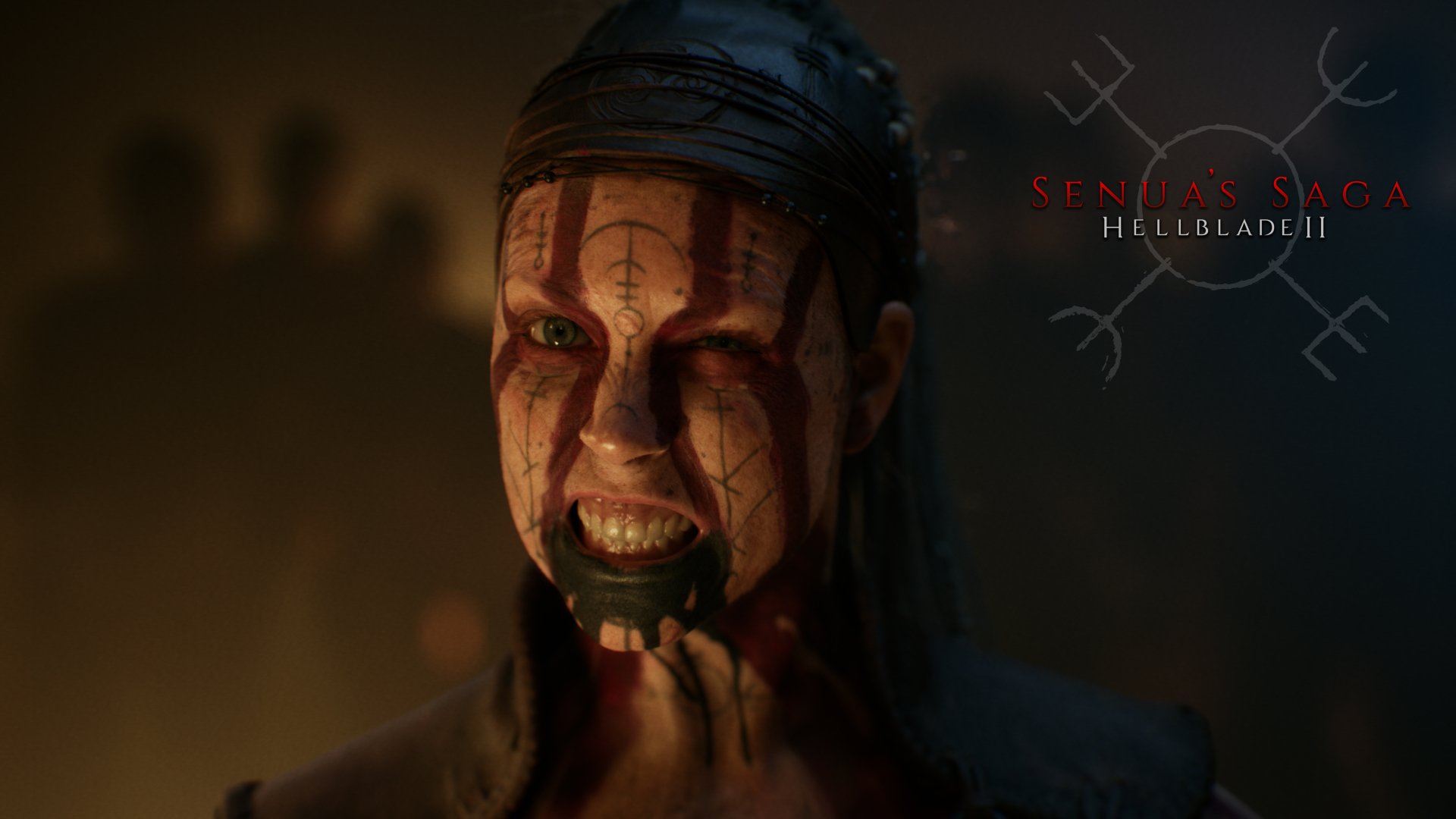 HD wallpaper of Senua's Saga: Hellblade II video game featuring intense character close-up for desktop background.