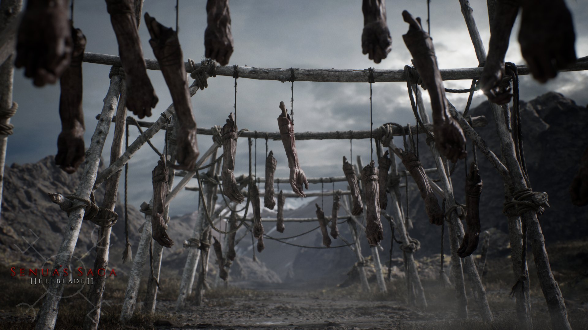 A haunting scene from Senua's Saga: Hellblade II, featuring a grim setting with suspended figures, creating an intense atmosphere for this HD desktop wallpaper.