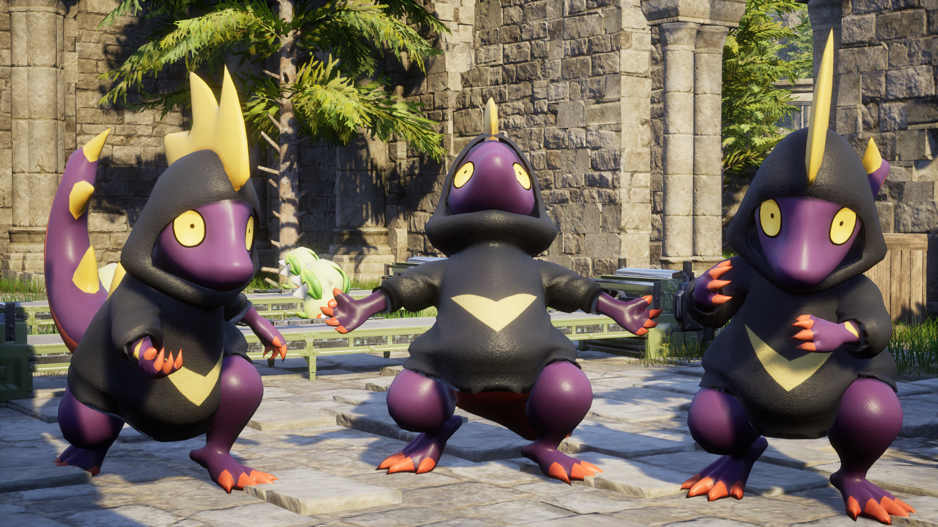 HD desktop wallpaper featuring three creatures from the video game Palworld in a castle environment.