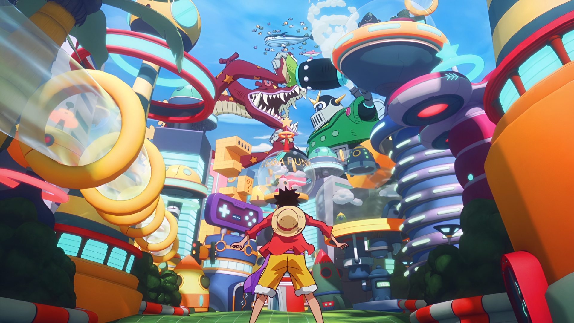 HD Anime desktop wallpaper featuring Monkey D. Luffy from One Piece in a vibrant, futuristic cityscape with a large dragon and colorful structures.