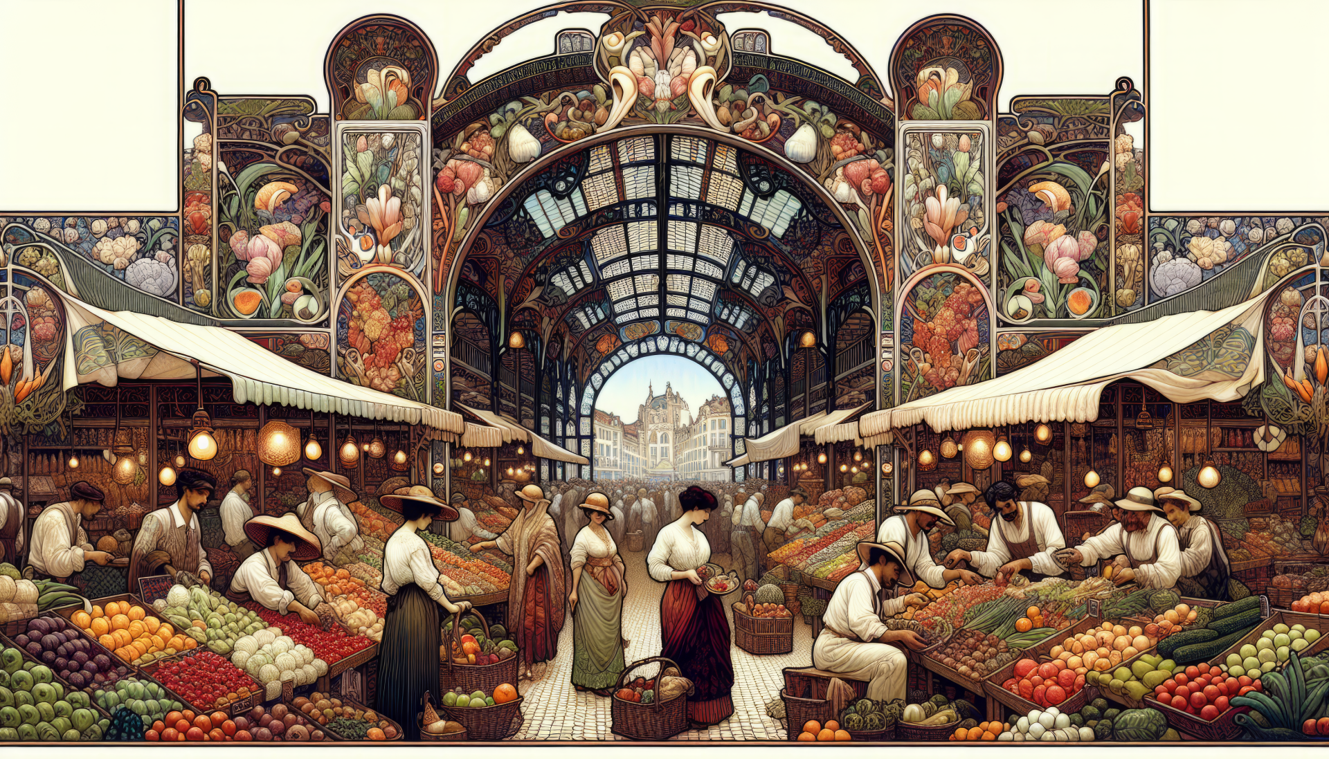 HD desktop wallpaper featuring a vibrant illustration of a bustling farmers market with vendors and shoppers under an ornate archway.