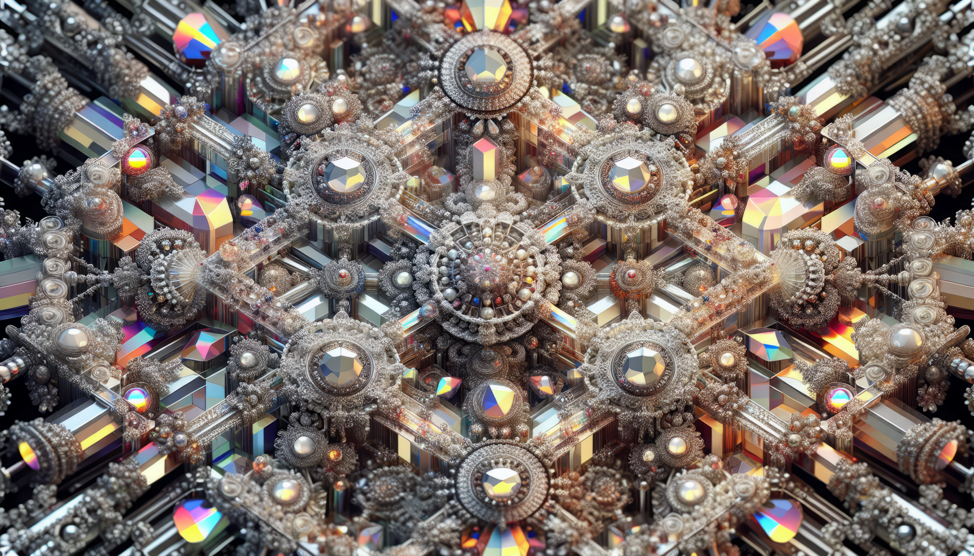 HD fractal geometric wallpaper featuring a complex metallic structure with reflective rainbow accents for desktop background.