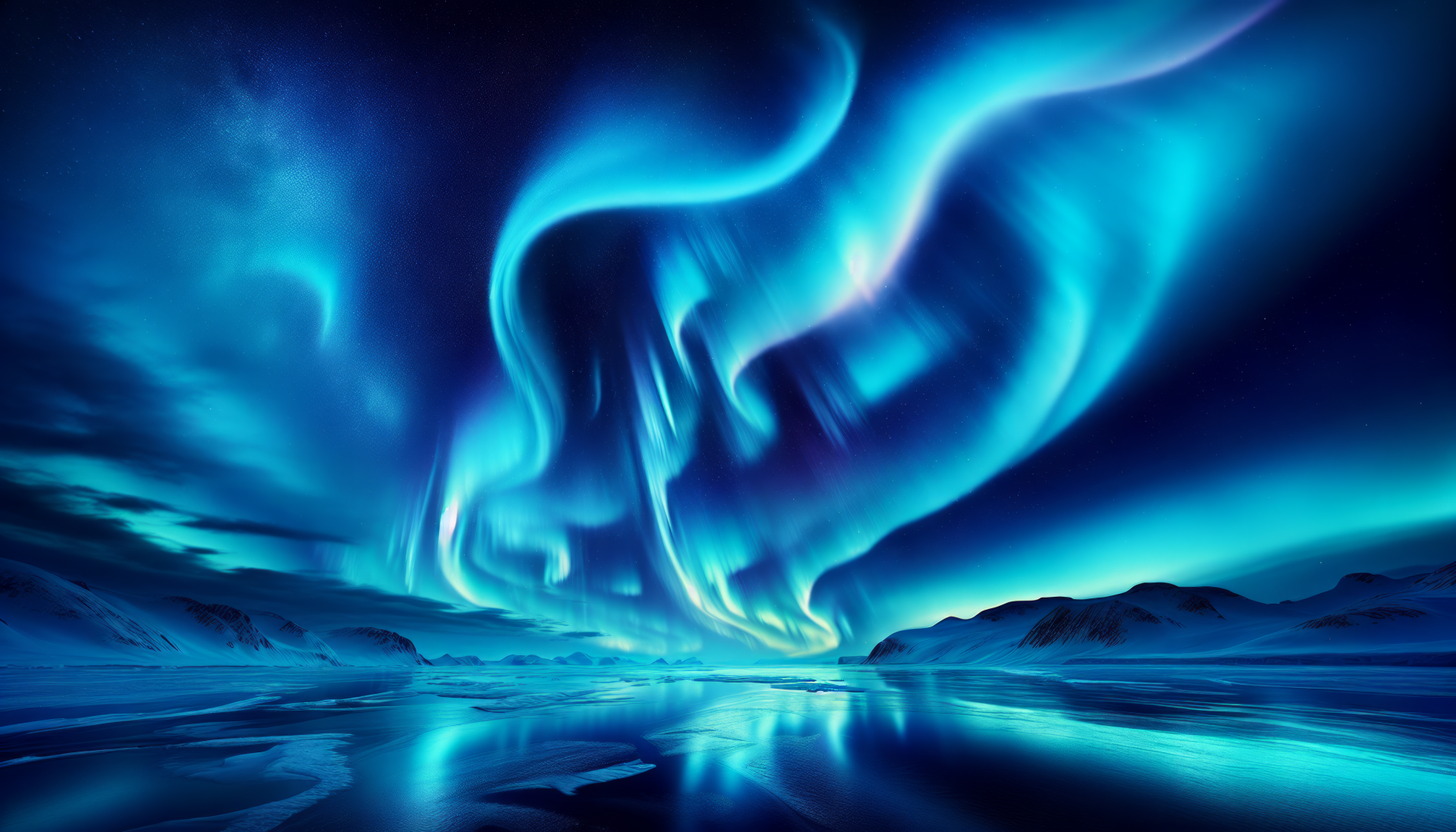 A mesmerizing display of Northern Lights illuminates the night sky, casting vibrant hues of blue and green over a tranquil landscape, creating an enchanting HD desktop wallpaper.