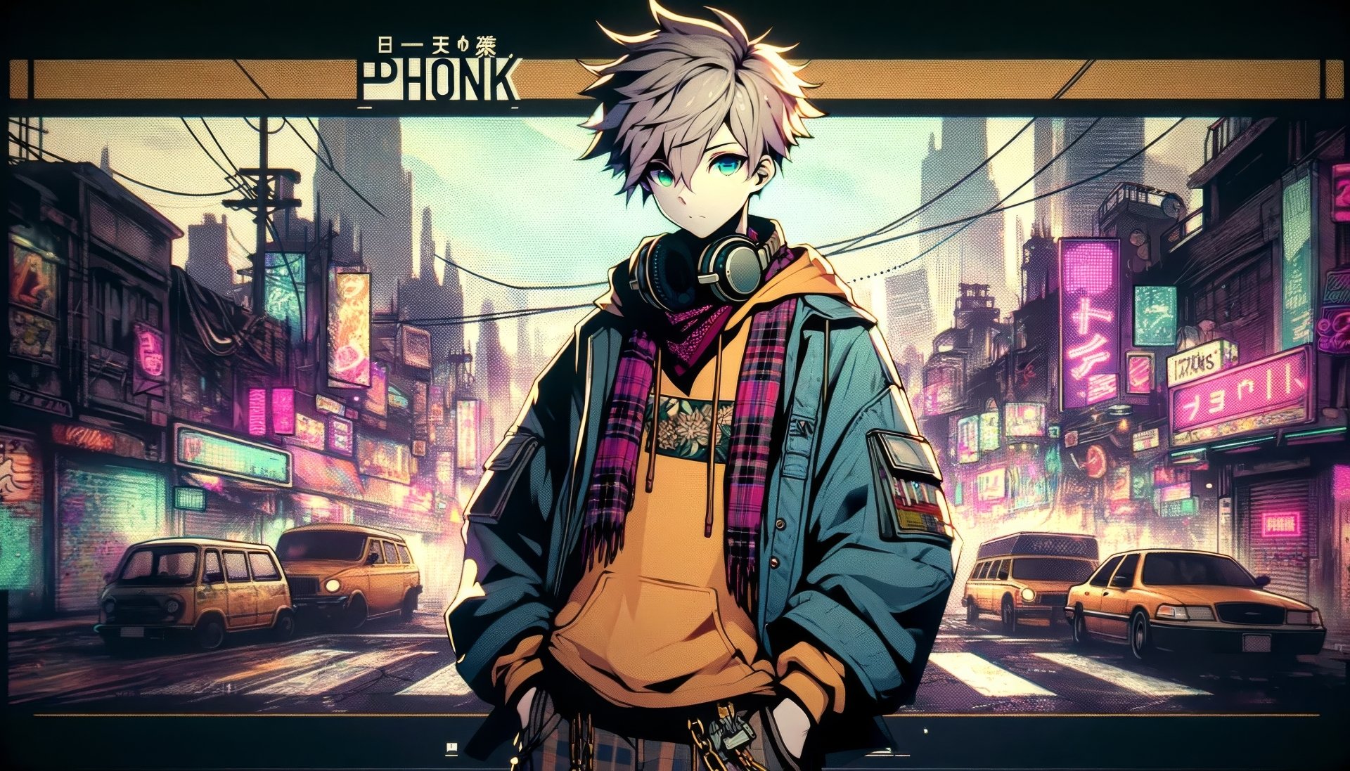 Anime character with headphones standing in vibrant city street, HD lofi aesthetic desktop wallpaper.