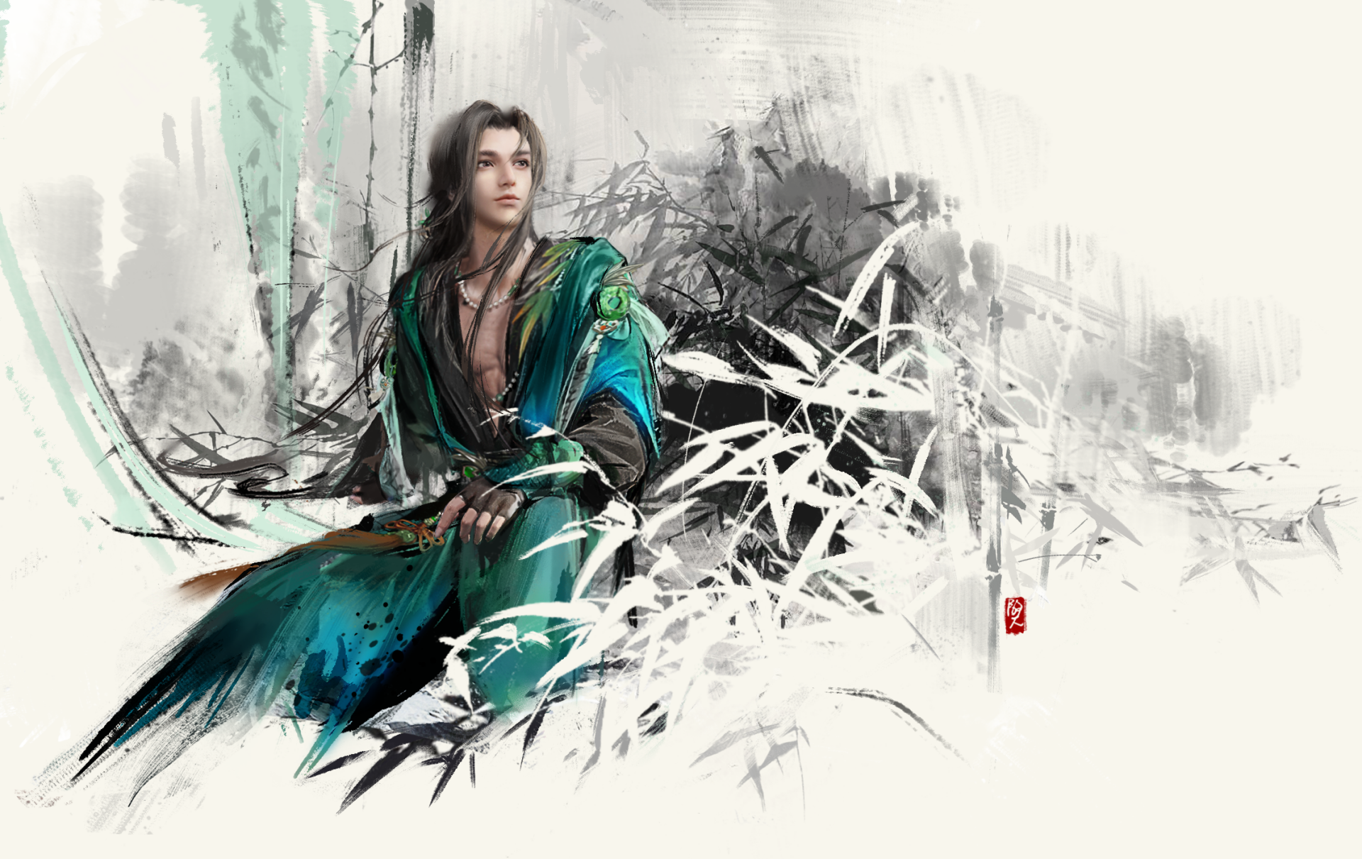 HD desktop wallpaper featuring a serene character from the video game Naraka: Bladepoint, set against a backdrop of bamboo and delicate brush strokes.