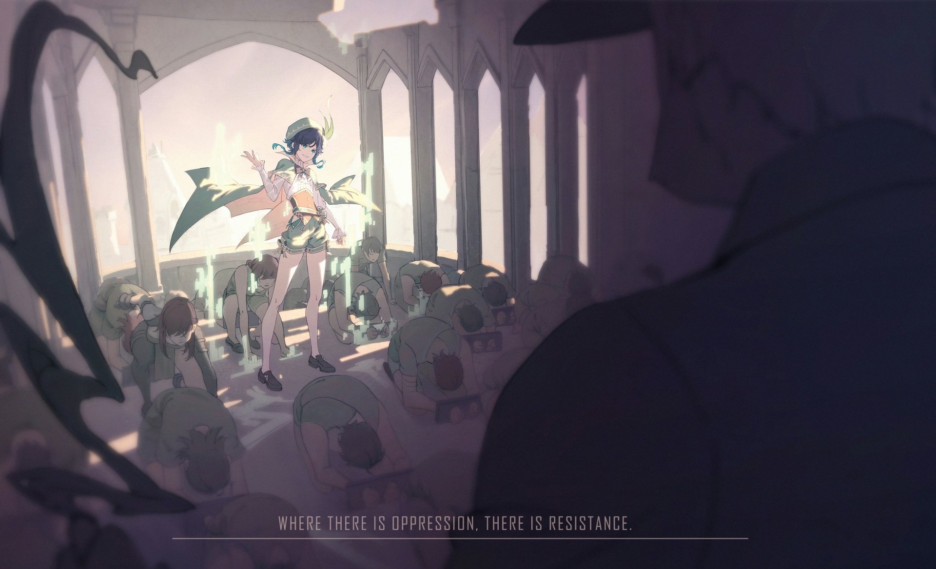HD PC desktop wallpaper featuring Venti from Genshin Impact standing in a sunlit, arched room surrounded by small creatures, with the quote Where there is oppression, there is resistance.