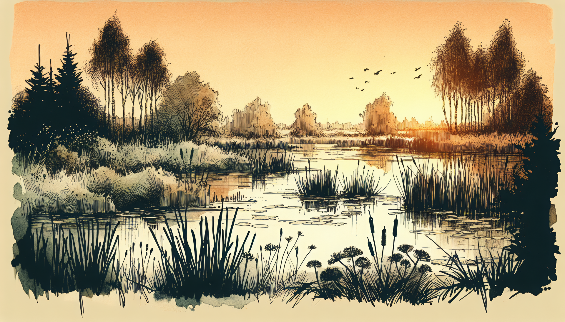 Serene marsh landscape at sunset with silhouetted trees and reeds, HD desktop wallpaper and background.