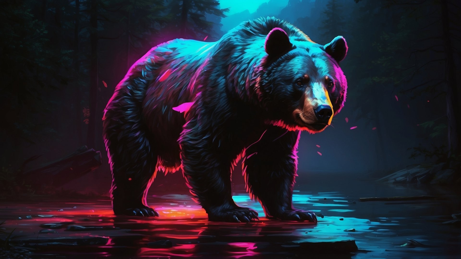 A striking HD desktop wallpaper featuring a black bear amid a vibrant, colorful forest backdrop, casting reflections on shimmering water.