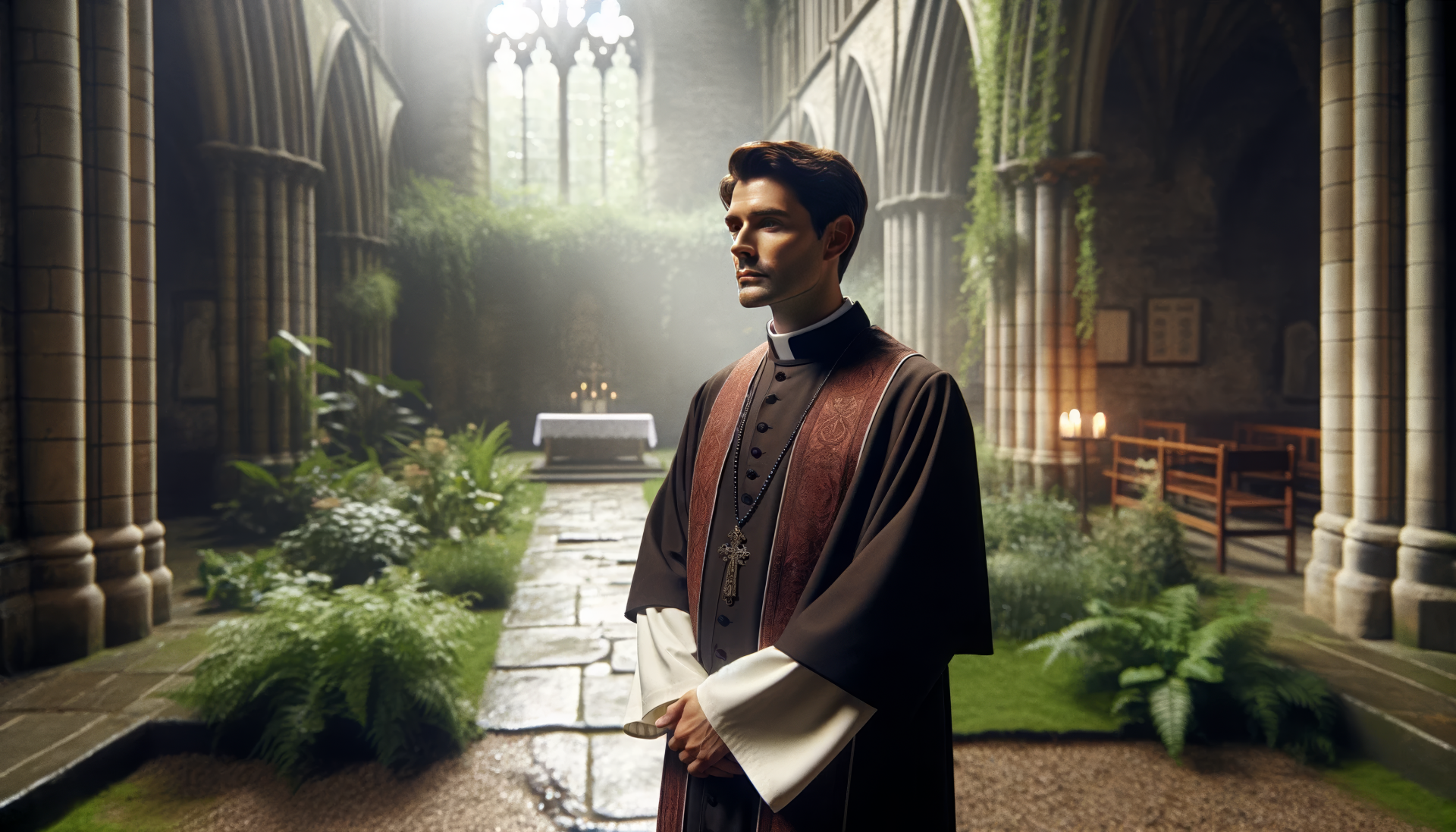 HD wallpaper featuring a contemplative priest in a serene cathedral setting with gothic architectural details.