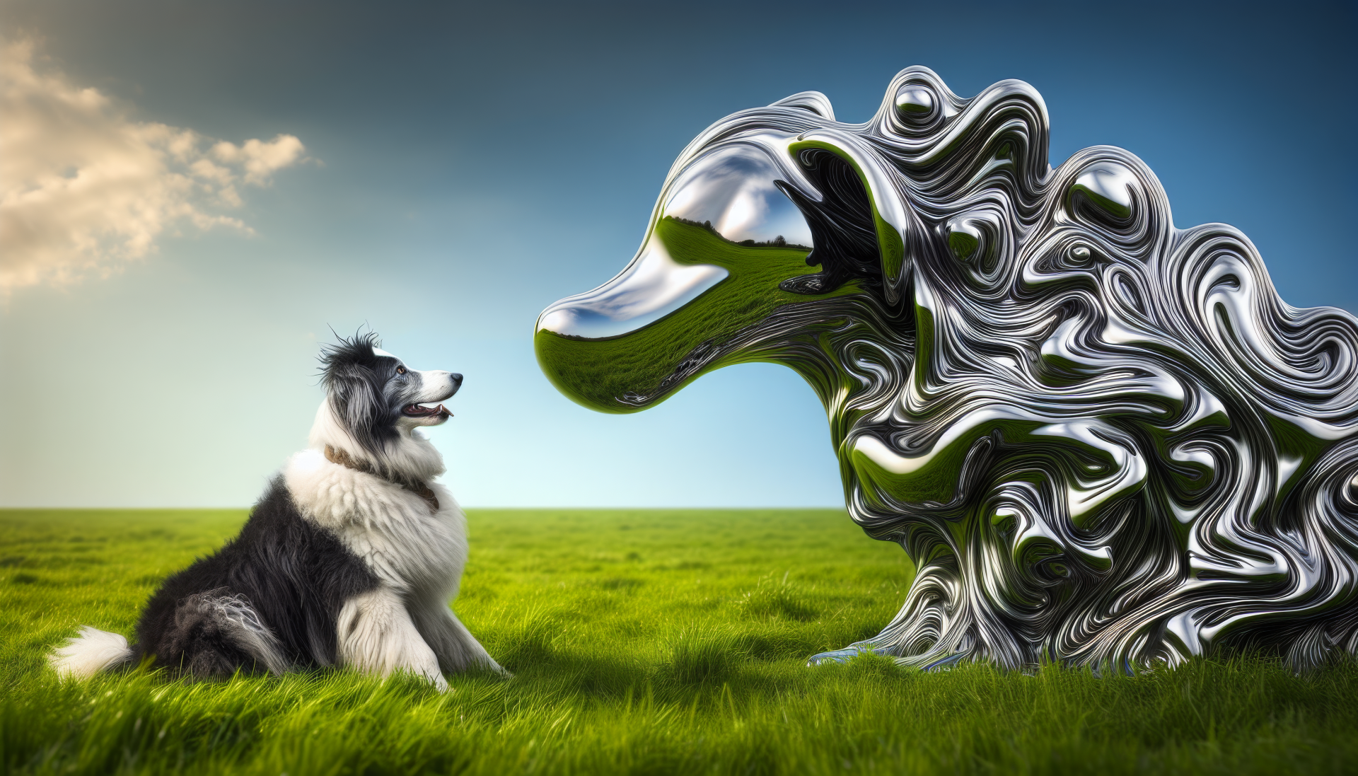 HD desktop wallpaper featuring a real sheepdog sitting on a grassy field beside a stylized, abstract art representation of a sheepdog head against a clear blue sky.