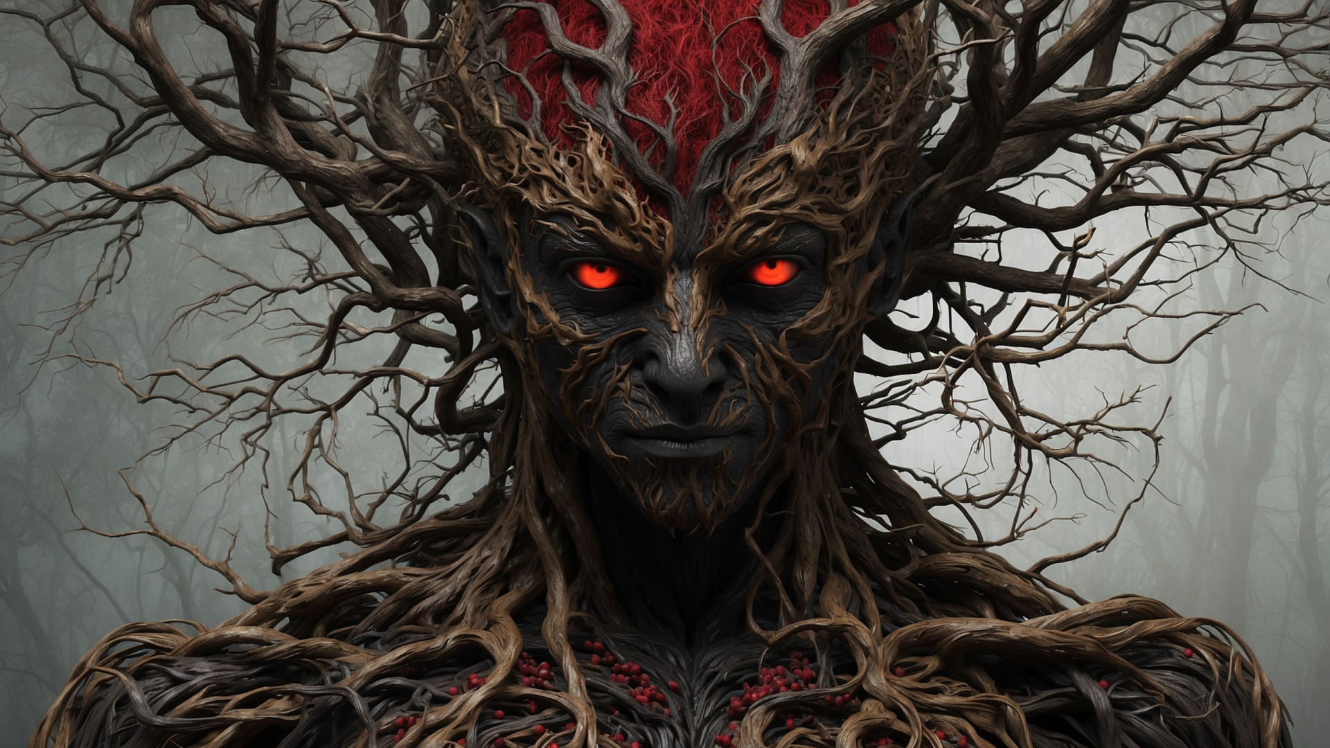 HD desktop wallpaper of a terrifying monster with glowing red eyes, its body and head formed from twisted tree branches in a dark, eerie forest setting.