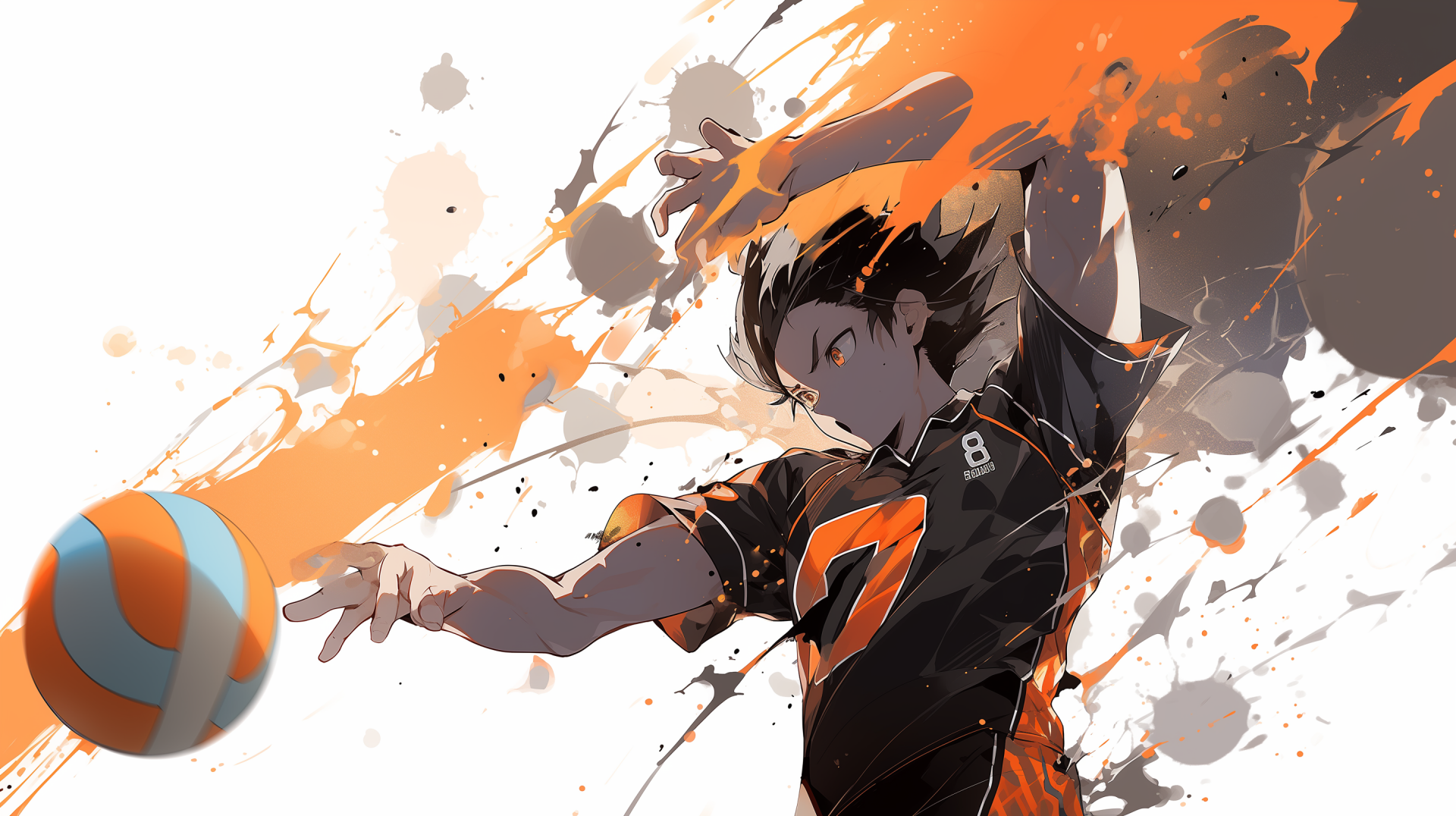 Anime-inspired HD wallpaper featuring Tadashi Yamaguchi from Haikyū!!, showcasing dynamic volleyball action with vibrant splashes of orange and gray.