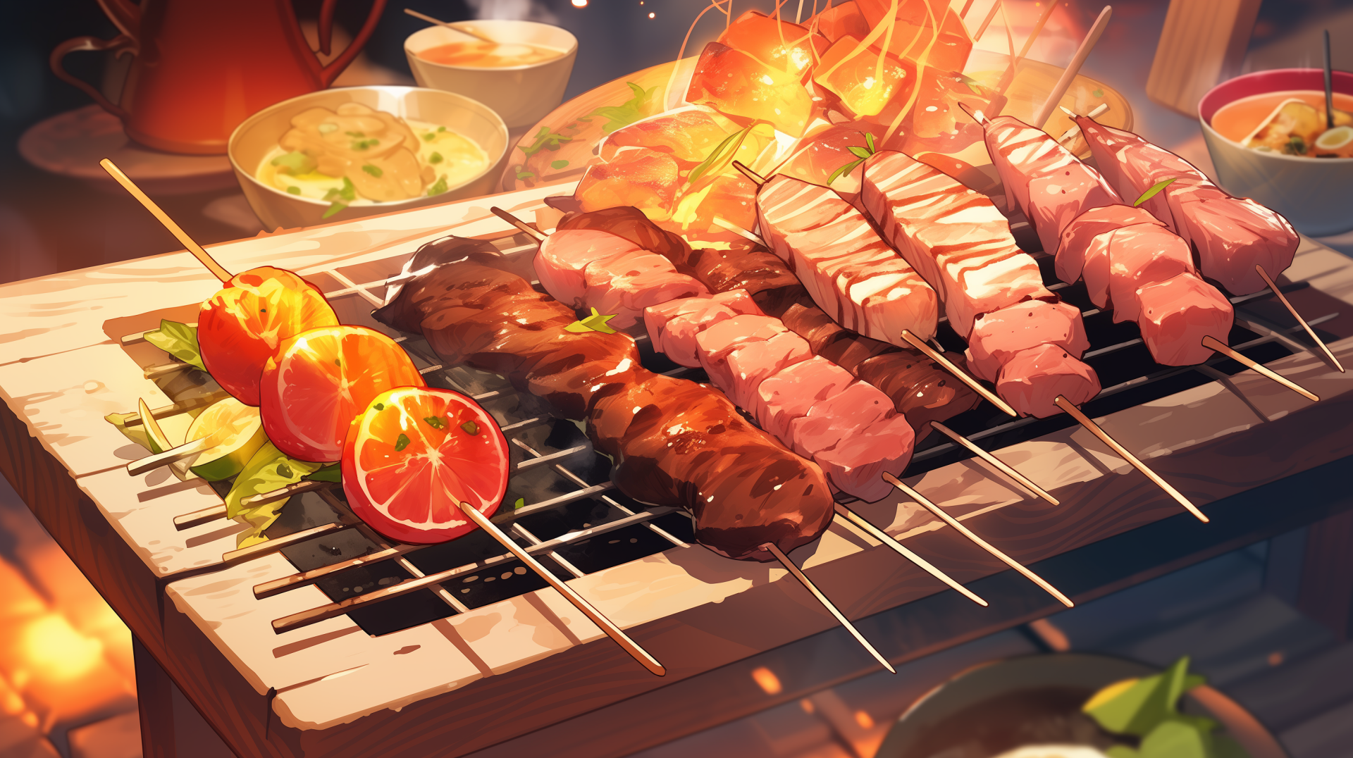 A vibrant HD wallpaper featuring delicious skewers on a grill, complemented by fresh oranges and a cozy background, capturing the essence of a lively BBQ scene.