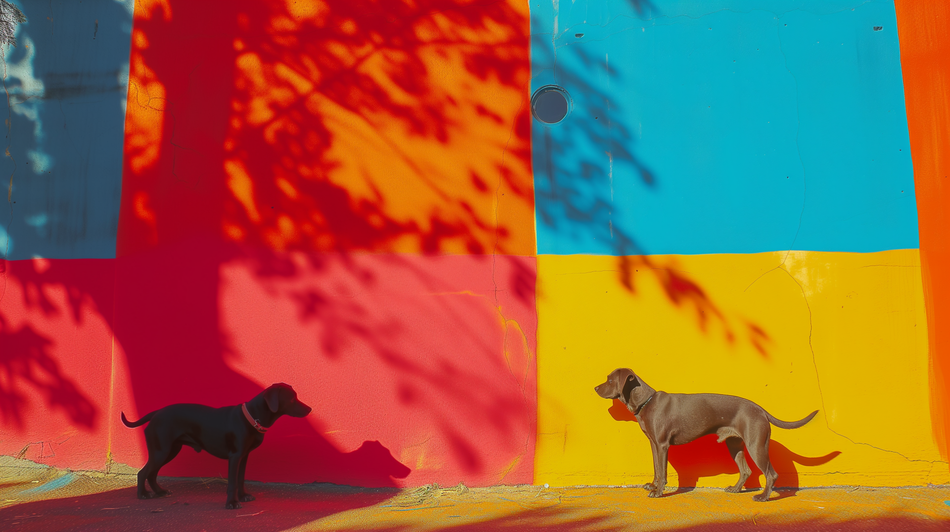 HD wallpaper of two dogs at a colorful dog park with vibrant red, blue, and yellow background for desktop.