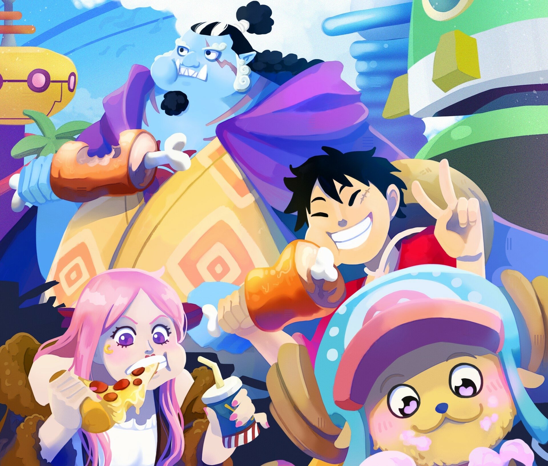 HD anime wallpaper featuring One Piece characters Jinbe, Tony Tony Chopper, and Monkey D. Luffy enjoying food together in a colorful, vibrant setting.