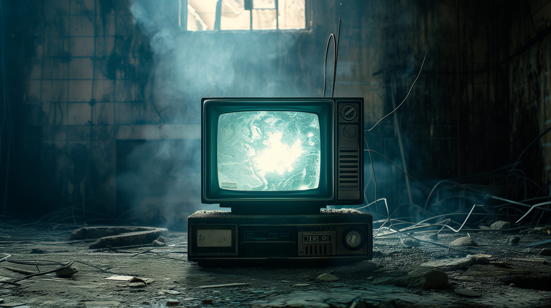 A vintage television sits in a dimly lit, abandoned room, its screen glowing with an eerie, blue light amidst swirling smoke and debris, creating an atmospheric HD desktop background.