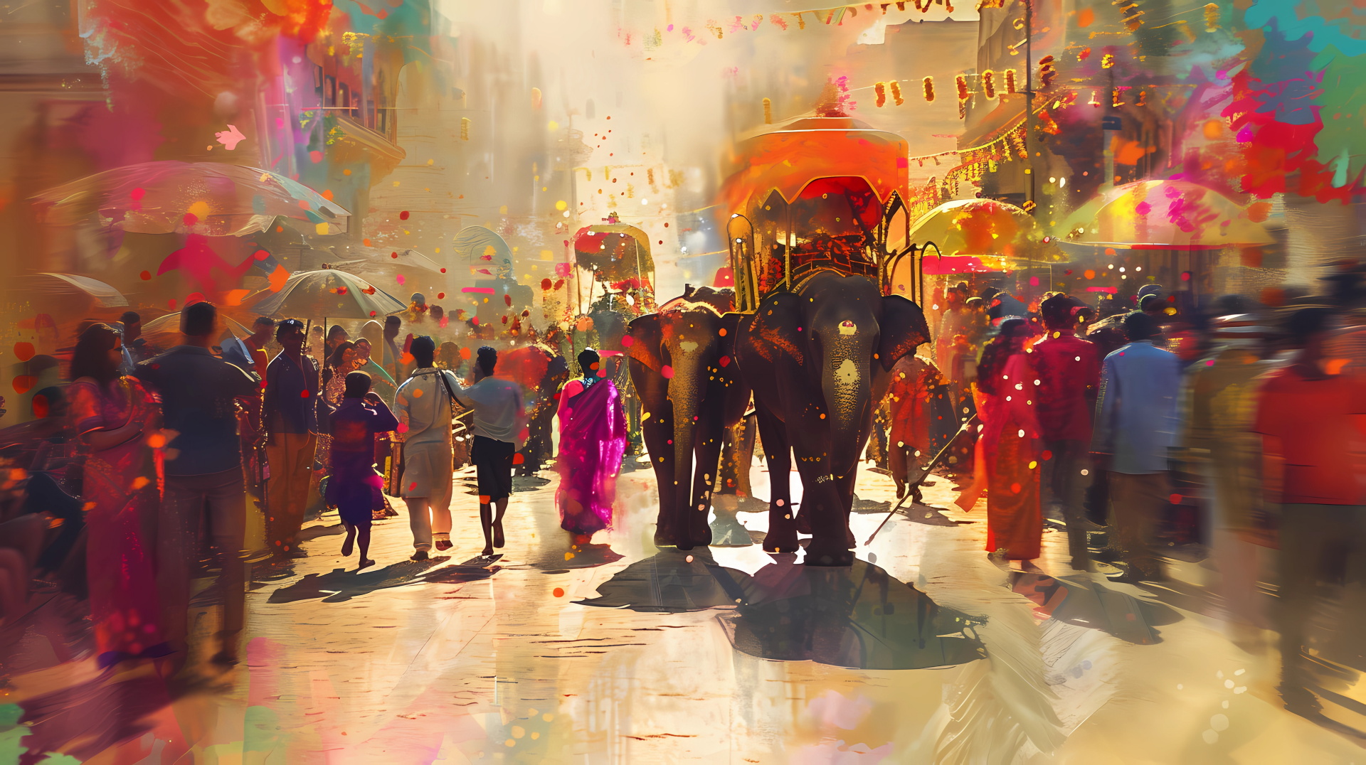 Colorful oriental parade with an elephant and lively crowd in HD for desktop wallpaper and background.