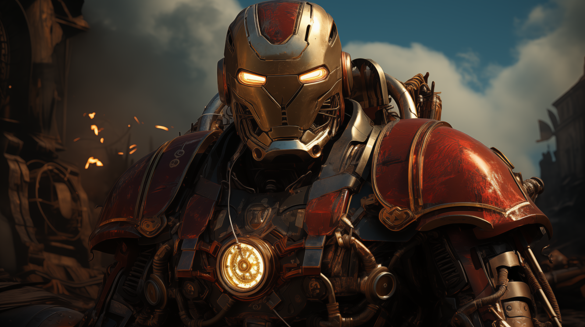 Dieselpunk-themed Iron Man HD wallpaper featuring the character in armored suit with intricate mechanical details.