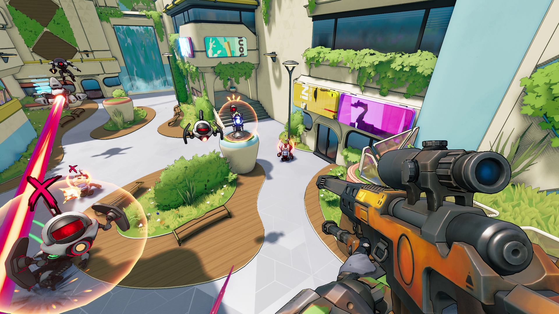 A vibrant HD desktop wallpaper from the video game Roboquest, showcasing a dynamic scene with robotic enemies, colorful environments, and an engaging perspective on gameplay action.