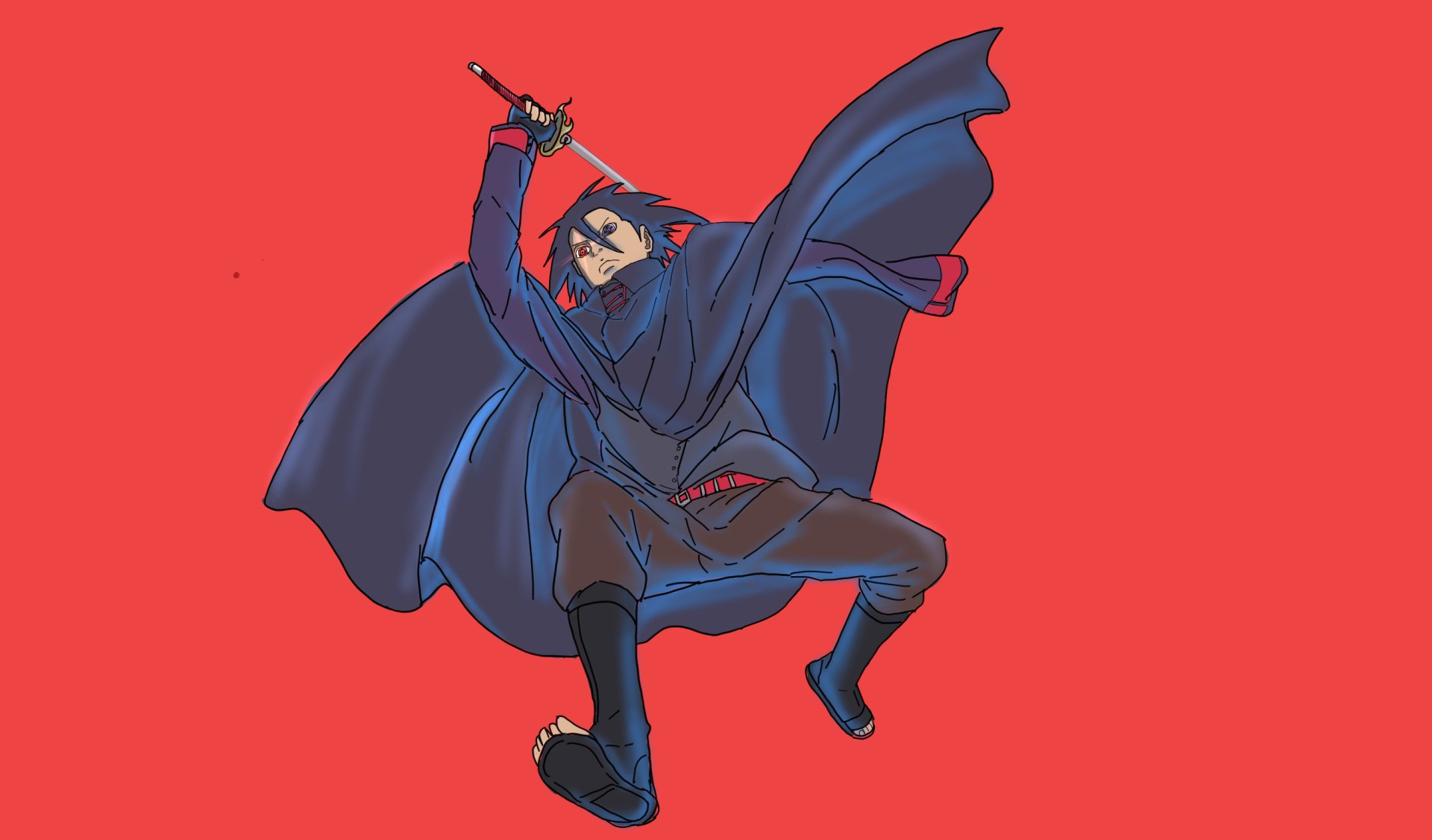 HD PC desktop wallpaper featuring Sasuke Uchiha in dynamic action pose with sword against a bold red background.