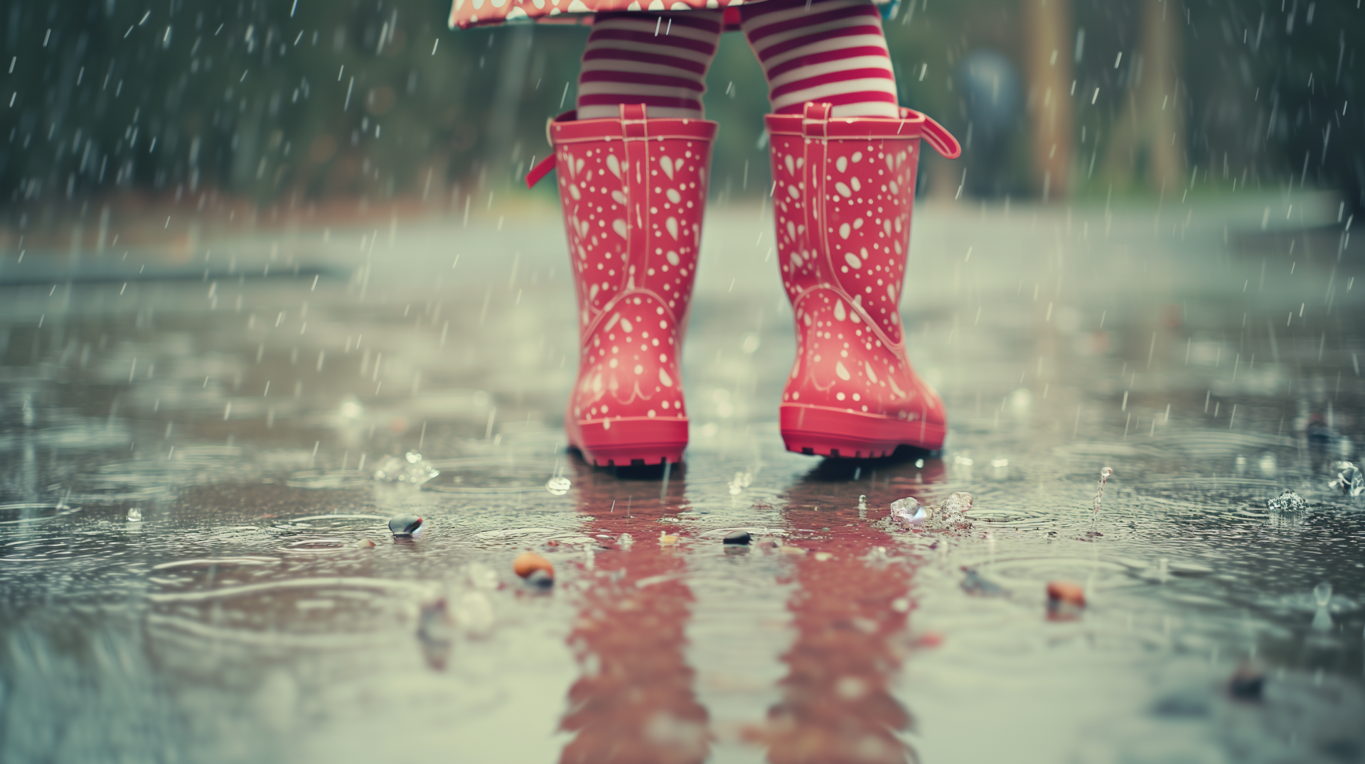 A close-up of red rain boots adorned with white polka dots, standing in a puddle as gentle rain falls, creating a whimsical HD desktop wallpaper.
