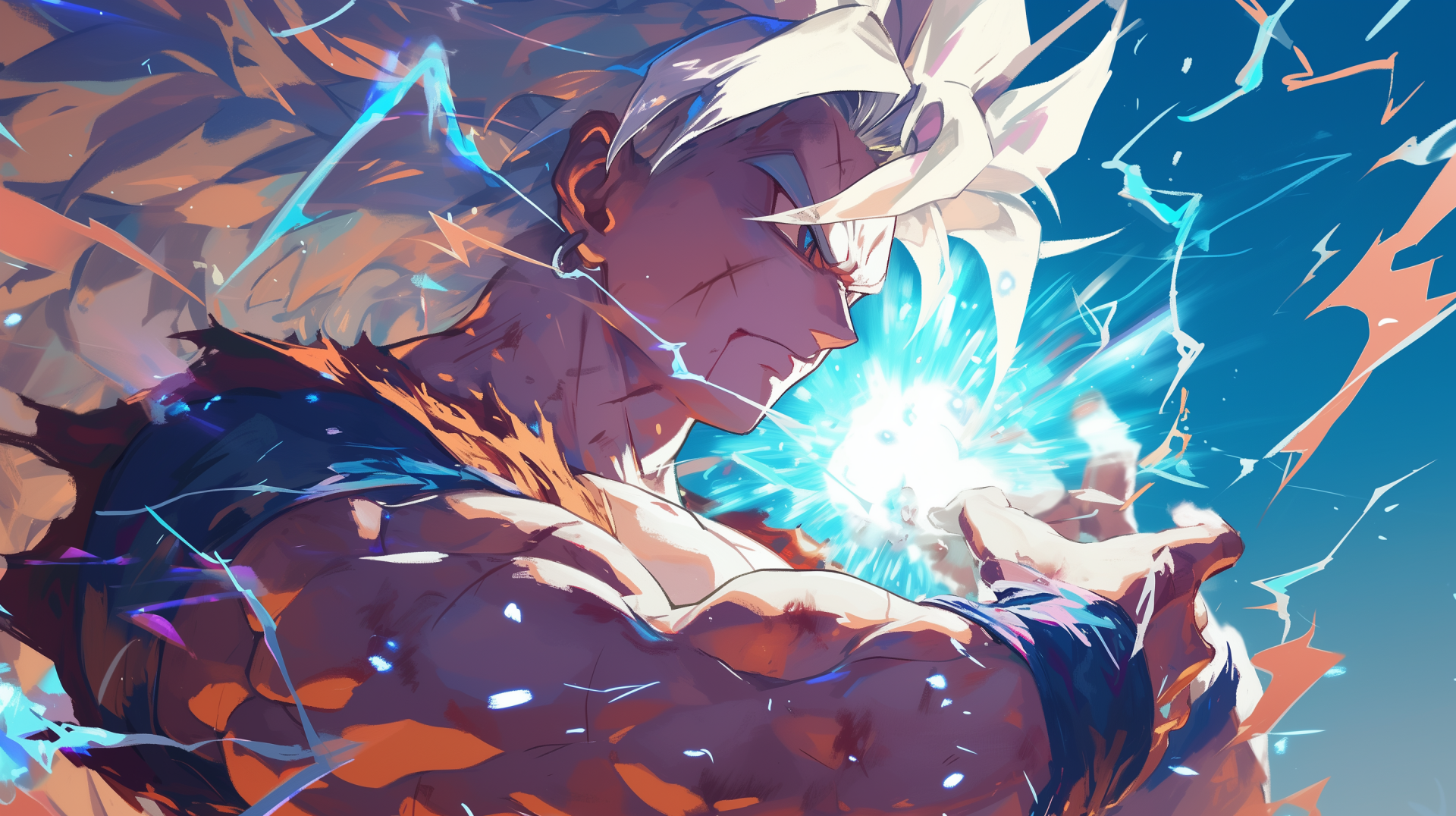 HD wallpaper of Goku in Ultra Instinct form from Dragon Ball, showcasing vibrant energy effects.