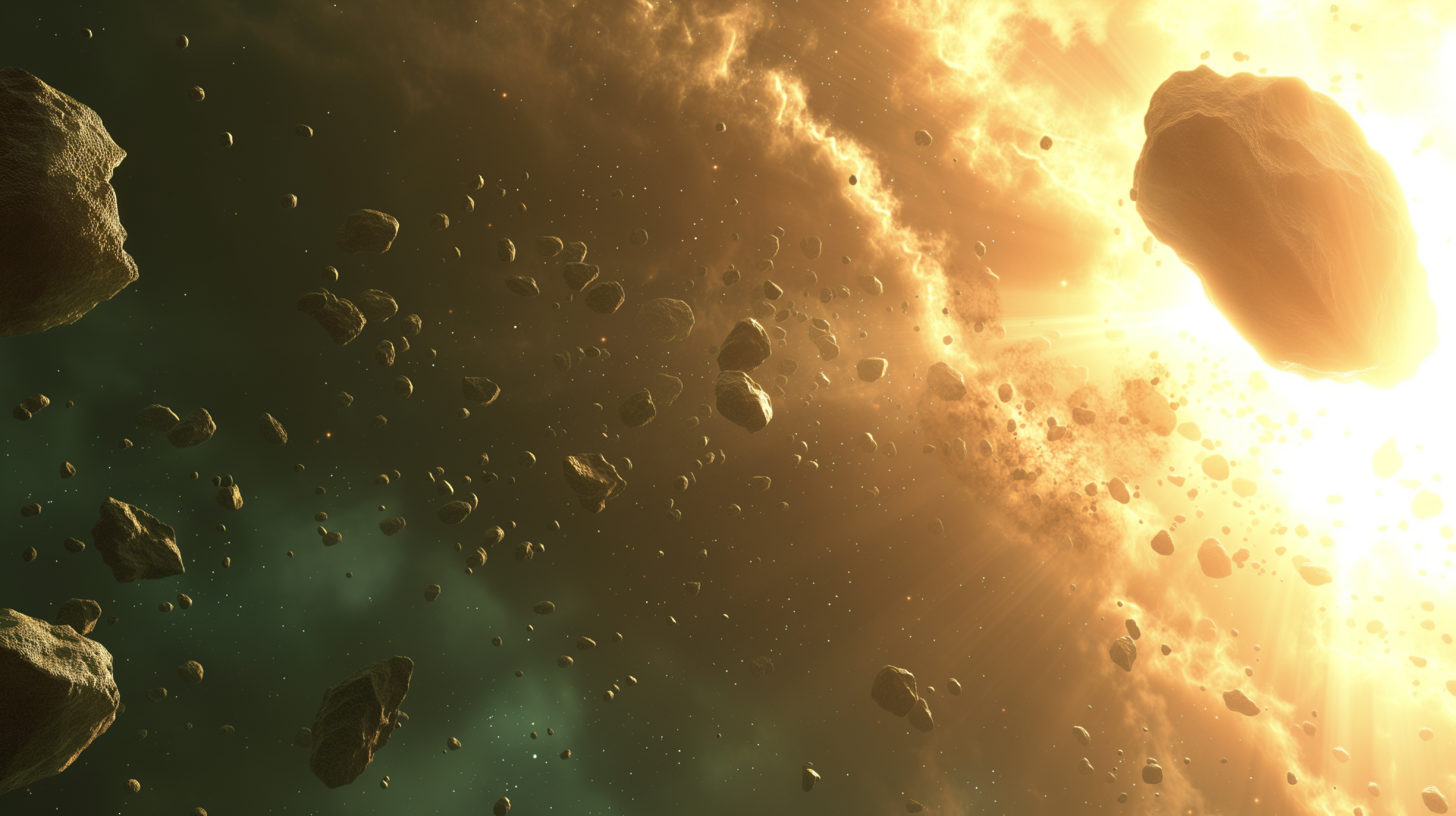 HD wallpaper featuring a sci-fi asteroid belt with rocks floating against a bright star, creating an immersive desktop background.