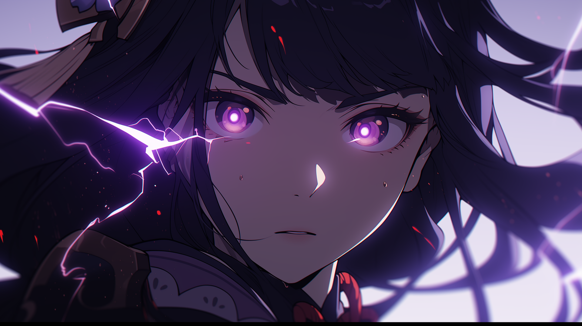 HD desktop wallpaper of Baal Raiden Shogun from Genshin Impact, featuring her intense gaze and purple lightning.