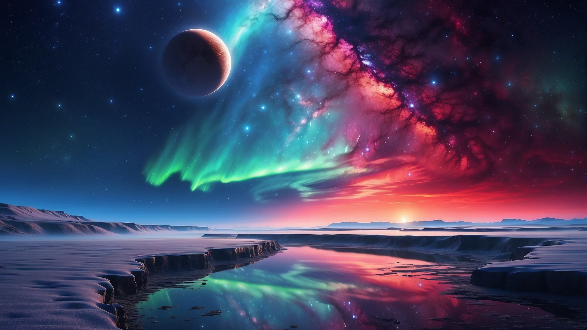 Vivid HD desktop wallpaper of a snowy mountain landscape under a glowing Northern Lights sky, with a colorful planet and cosmic nebula in the background.