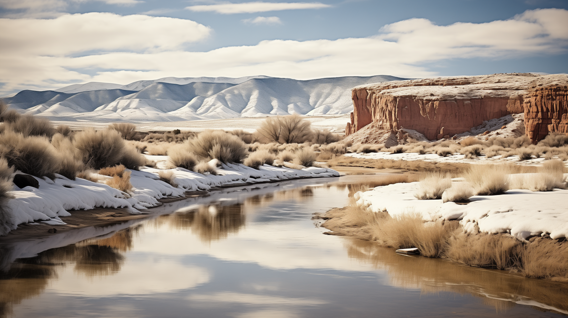 HD wallpaper of a snowy desert landscape with a river, surrounded by snow-speckled vegetation and distant mountains.