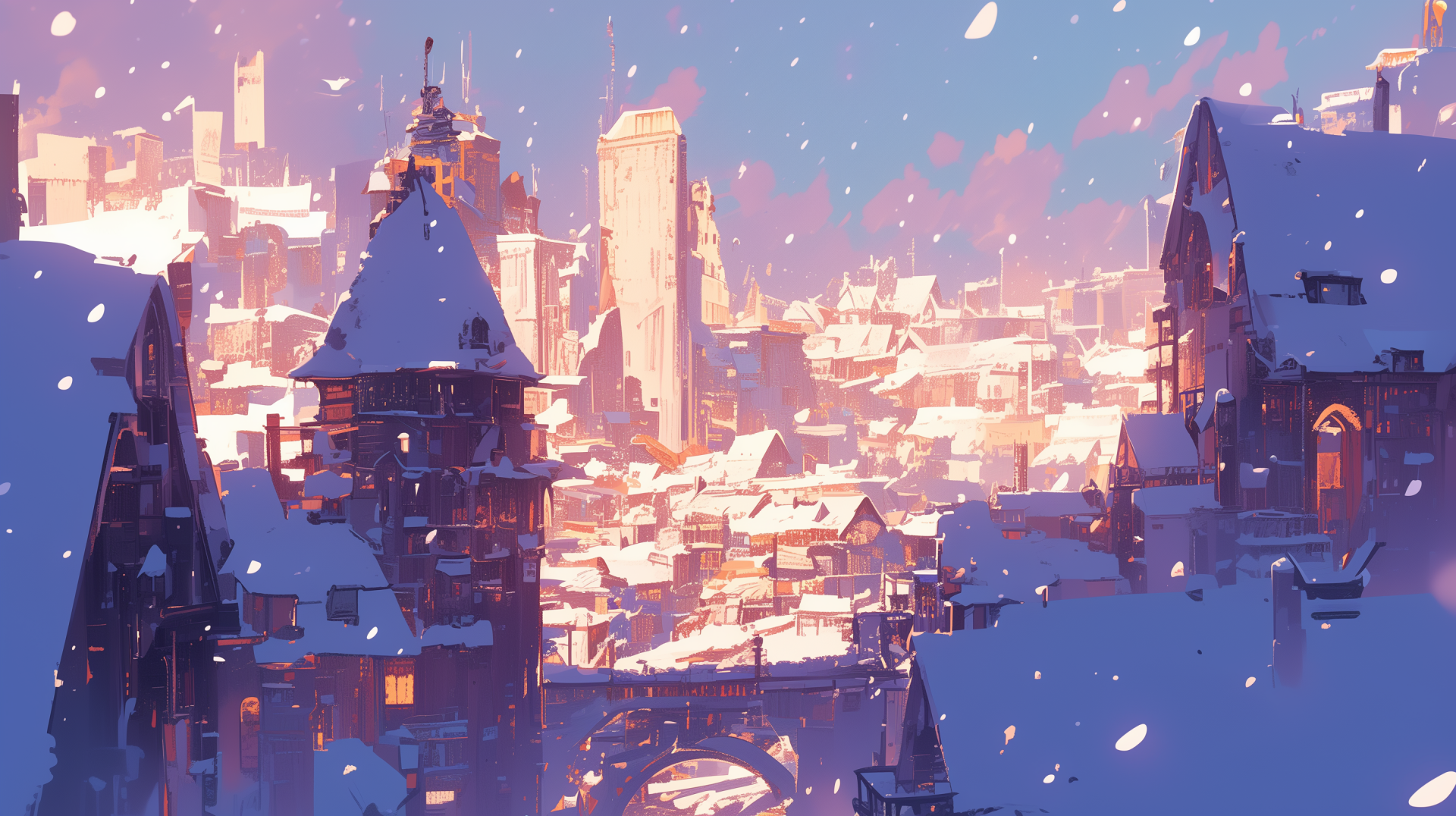 A snowy cityscape at dusk, featuring charming buildings and softly falling snow, creating a serene and enchanting atmosphere in HD desktop wallpaper format.