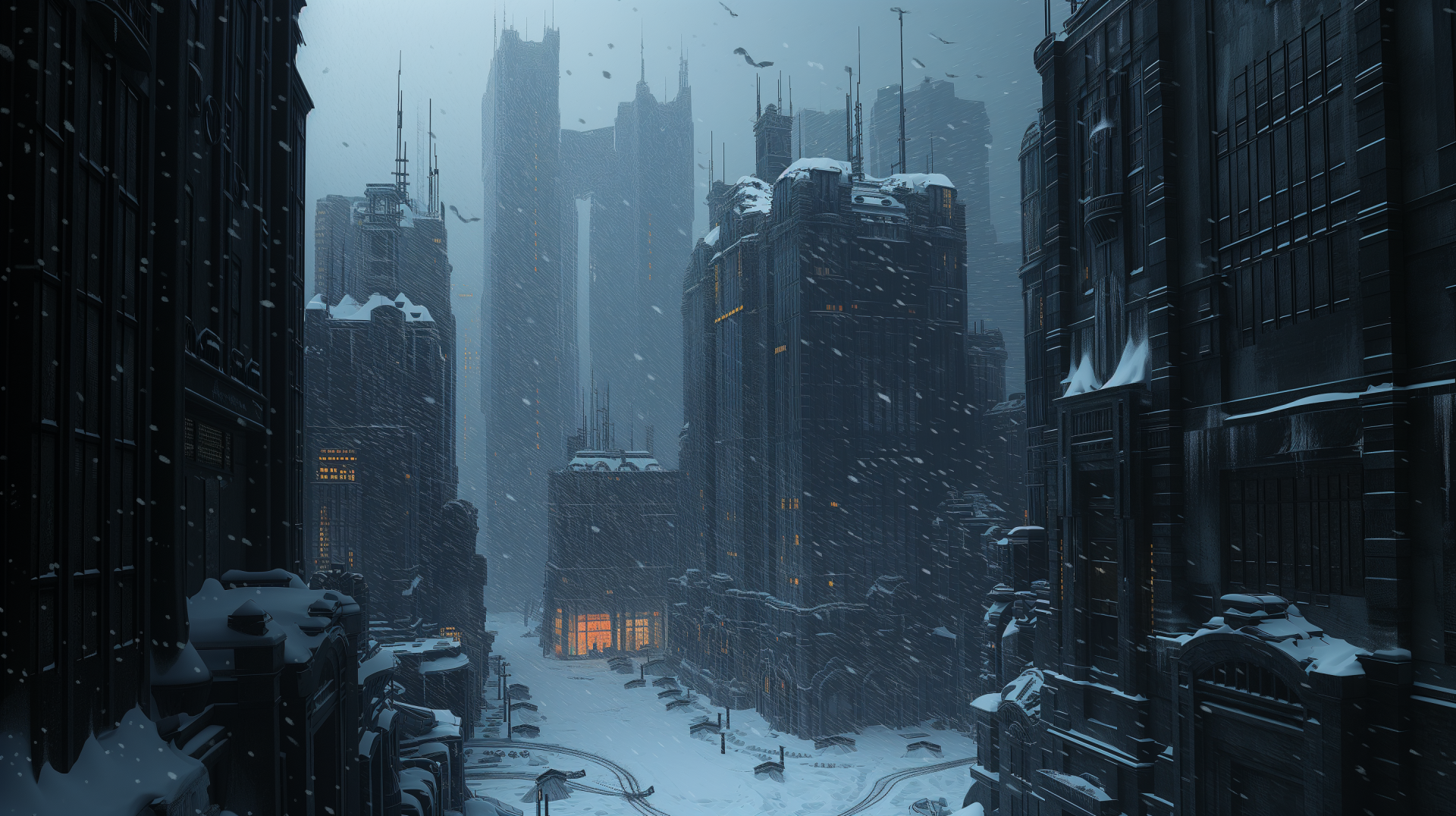 HD wallpaper of a snowy city at twilight with a glowing orange light at the end of the street, creating a cozy atmosphere amidst the winter chill.