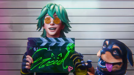 Ezreal from League of Legends holds a clapperboard with his name stylized in neon, accompanied by a playful dog, set against a vibrant background in this HD wallpaper.
