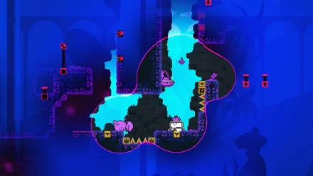 HD desktop wallpaper featuring the colorful KarmaZoo game with vibrant creatures and platforms on a blue background.