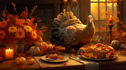 Festive Thanksgiving HD desktop wallpaper with a turkey centerpiece surrounded by autumn decorations, pumpkins, and a candlelit meal setting, evoking a warm holiday atmosphere.