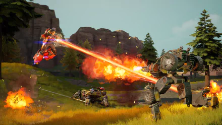 HD wallpaper of action-packed Farlight 84 game scene with characters in combat and robots for desktop background.