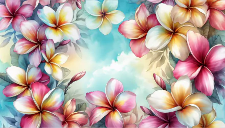 Colorful plumeria flowers with a soft blue sky background for a tranquil HD desktop wallpaper.