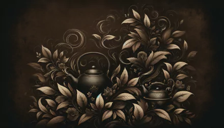 A beautifully crafted HD wallpaper featuring intricate patterns of leaves and swirling vines, showcasing two black tea kettles amidst a rich, earthy backdrop.