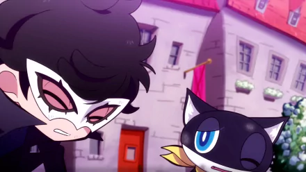 HD Persona 5 Tactica desktop wallpaper featuring animated characters Joker and Morgana in a vibrant city backdrop.