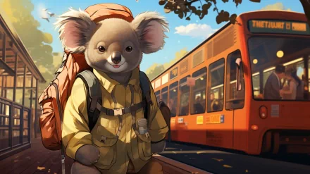 HD desktop wallpaper featuring a cartoon koala with a backpack waiting at a bus stop.