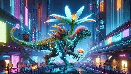 Futuristic cyberpunk cityscape HD wallpaper with a colorful neon-lit dragon and vivid floral elements.