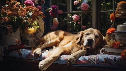 HD wallpaper of a serene Golden Retriever dog lounging on a cushion by a sunny window, surrounded by vibrant flowers.