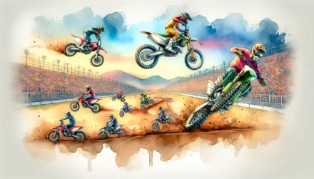 Colorful HD desktop wallpaper featuring dynamic motocross racing scene with multiple riders performing aerial stunts against a stylized artistic backdrop.