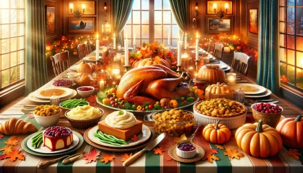 HD wallpaper featuring a festive Thanksgiving dinner spread with a roasted turkey, various side dishes, and decorations in a warmly lit dining room.